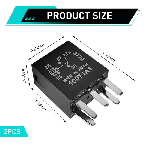 Heavy Duty 12V 5 Pin 30A Automotive Fuel Pump Relay Two Piece Set dimensions showing size and pin configuration in black.