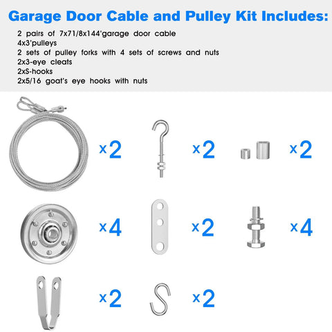 Garage Door Cable Replacement Kit for Overhead Sectional Doors with pulleys, galvanized cables, hooks, and fasteners.