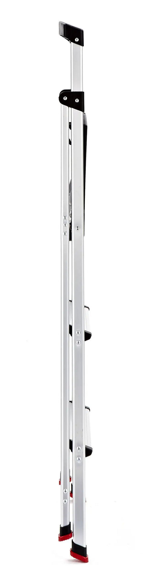 Three Step Aluminum Step Ladder With Built In Project Tray, 225 Pound Capacity, folded aluminum ladder side view