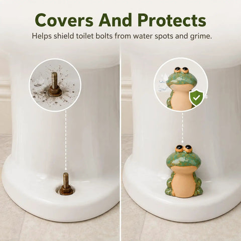 Slick Ceramic Frog Toilet Bolt Covers 2 Pack With Universal Screw Caps, showing before and after installation on toilet bolts.