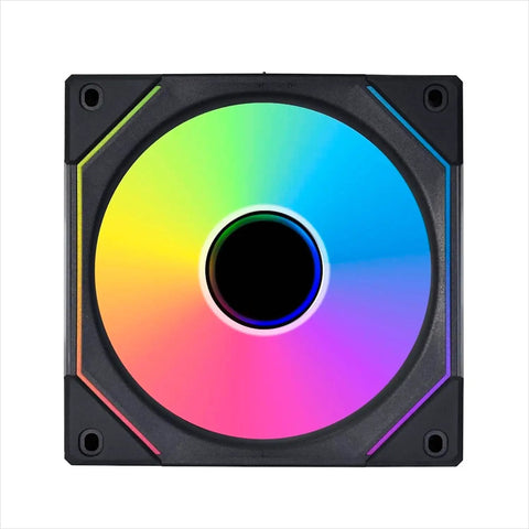 Front view of UNI Fan SL Infinity 120mm Triple Pack ARGB Case Fans with Infinity Mirror lighting, black frame