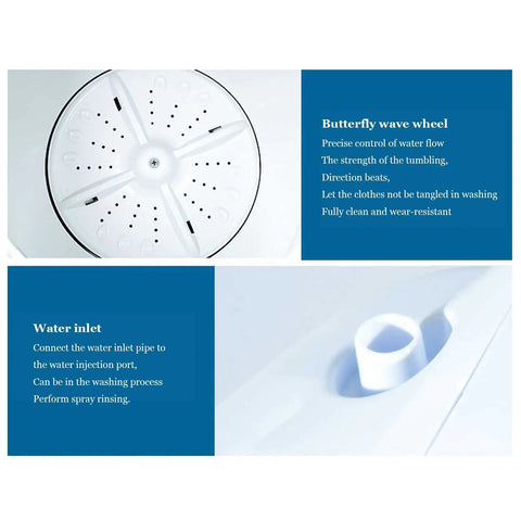 Butterfly wave wheel and water inlet of No Fuss Portable Washing Machine With Ultrasonic Deep Clean And Smooth Spiral Rinse 10 Lb.