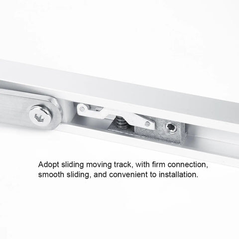 Close-up of sliding track on concealed aluminum automatic door closer with positioning, 80kg capacity, 2-stage speed regulation for fire doors.