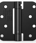 Self Closing 4 Inch Spring Loaded Door Hinge With Adjustable Tension Five Eighths Radius Corners Fits Front Or Back Doors Left Or Right Hand UL Listed Gloss Black, front view.