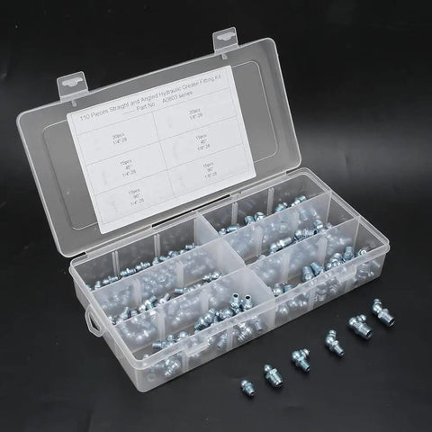 Grease Fittings Kit 110 Pcs Zinc Iron 45 Degree And 90 Degree Nipples Nozzles And Tips For Heavy Duty Machinery Bearings And Engineering Equipment For The Shop Easy Install Lubrication Nipples For Maintenance And Quick Service displayed in open plastic case