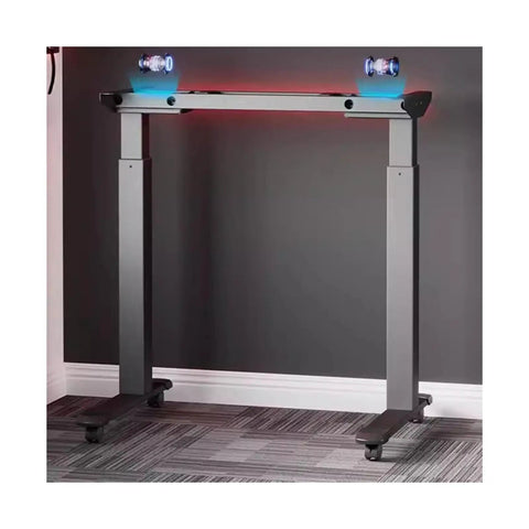 Dual Motor Adjustable Standing Desk With Smooth Electric Lift And Preset Height Memory For Daily Grind Or Pro Gaming Setup Rock Solid Carbon Steel Frame shown with mobile base and wheels.