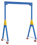Heavy Duty Adjustable Height Steel Gantry Crane With V Groove Ductile Casters 8 Thousand Pound Pull 15 Foot Span And 16 Foot Reach Quick Knock Down Setup, blue steel frame with yellow accents.