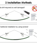 Two installation methods for No-Drill Corner Shower Shelf Kit, 9.5 X 9.5 Inch Tempered Glass Shelves with Aluminum F Design Brackets, 2 Pack.