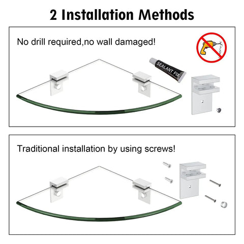 Two installation methods for No-Drill Corner Shower Shelf Kit, 9.5 X 9.5 Inch Tempered Glass Shelves with Aluminum F Design Brackets, 2 Pack.