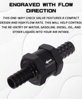 Hella Durable 3/8 Inch Check Valve Inline Non Return One Way Fluid Control For Fuel Air Gas Oil E85 Diesel Systems Crafted From Top Shelf Aluminum Alloy In Clean Silver To Halt Backflow Cold, black one-way check valve demonstrating flow direction.