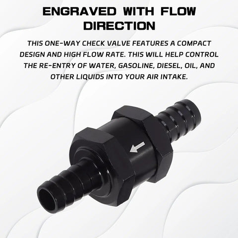 Hella Durable 3/8 Inch Check Valve Inline Non Return One Way Fluid Control For Fuel Air Gas Oil E85 Diesel Systems Crafted From Top Shelf Aluminum Alloy In Clean Silver To Halt Backflow Cold, black one-way check valve demonstrating flow direction.