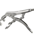 Heavy Duty 9 Inch U Shaped Welding Pliers Steel Clamp With Strong Bite Force Perfect For Mig Tig Welding Riveting And Grinding Adjustable Handle Silver Tool That Grips Hard, side view showing clamp jaws.