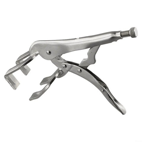 Heavy Duty 9 Inch U Shaped Welding Pliers Steel Clamp With Strong Bite Force Perfect For Mig Tig Welding Riveting And Grinding Adjustable Handle Silver Tool That Grips Hard, side view showing clamp jaws.