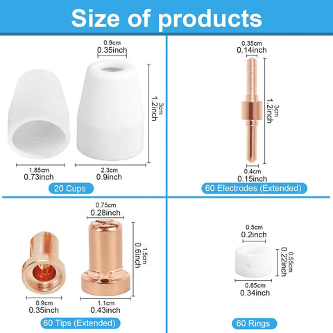 Plasma Cutter Tips PT-31 200 Pack Fits CUT-45 CUT-50 CT-312 MIG205MP size guide showing cups, electrodes, tips, and rings dimensions.