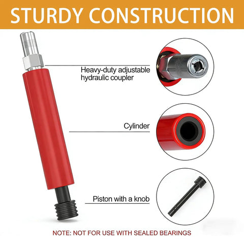 Grease Fitting Cleaning Tool No More Clogged Zerks Zerk Buster showing red cylinder, heavy-duty hydraulic coupler, and piston detail
