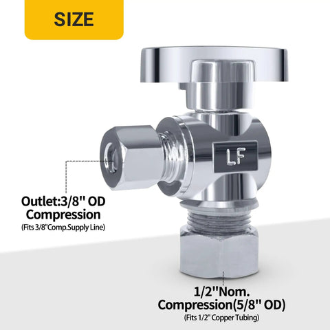 10 Pack Brass Chrome Angle Stop Valves One Half Inch Nom Compression To Three Eighth Inch Compression Five Eighth Inch OD To Three Eighth Inch OD Quarter Turn Toilet Shut Off Valve details