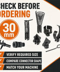Seven Piece Plug Busting Drain Cleaning Cutter Head Attachment Featuring Reinforced Spring Coils And Sharp Serrated Blades For Heavy Duty Snake Auger Fixes And No Fuss Sewer Cleanups, showcasing various heads and a measurement tool.