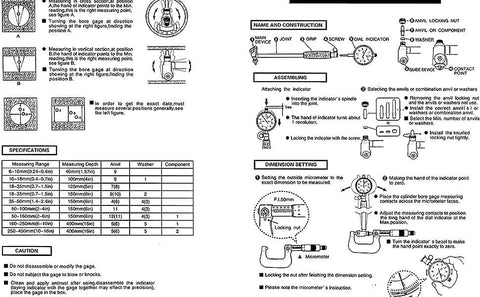 Dial bore gauge set with dial indicator and extension rods, 2-6 in (50-160 mm); instruction diagram
