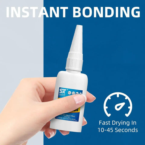 Hand holding Two 3.52 Oz Tubes Oil Based Super Glue For Ceramic Porcelain Glass Metal Wood Leather And More With Instant Bond In 10 To 45 Seconds