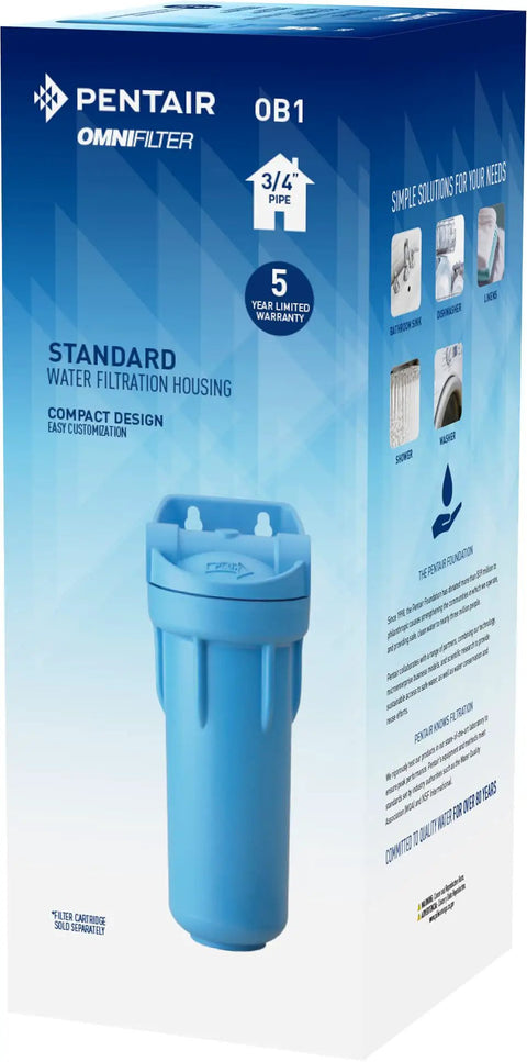 OB1 Filter Housing 10 Inch Opaque Whole House Water Filter Housing With Integral Mounting Bracket And Three Quarter Inch NPT Inlet Includes Housing Screws And Wrench Blue Durable Polypropylene