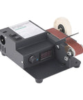 Heavy Duty Brushless Belt Sander With Hella Fine Tune Speed Dial For Sweeter Wood And Metal Grinding Projects Delivering Zero To Ten Thousand RPM Power Output Anywhere, showing controls and sanding belt.