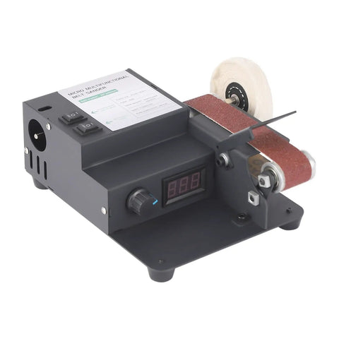 Heavy Duty Brushless Belt Sander With Hella Fine Tune Speed Dial For Sweeter Wood And Metal Grinding Projects Delivering Zero To Ten Thousand RPM Power Output Anywhere, showing controls and sanding belt.