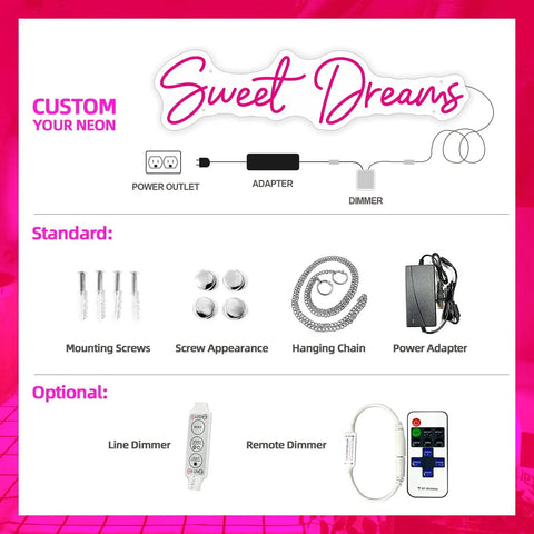 Pink LED Neon Sign For Wall Handmade Decor With Dimmer Room Glow Neon Light For Bedroom Inspirational Light Sign To Boost Vibes Easy Mount Perfect Birthday Party Gift with 'Sweet Dreams' design and installation kit