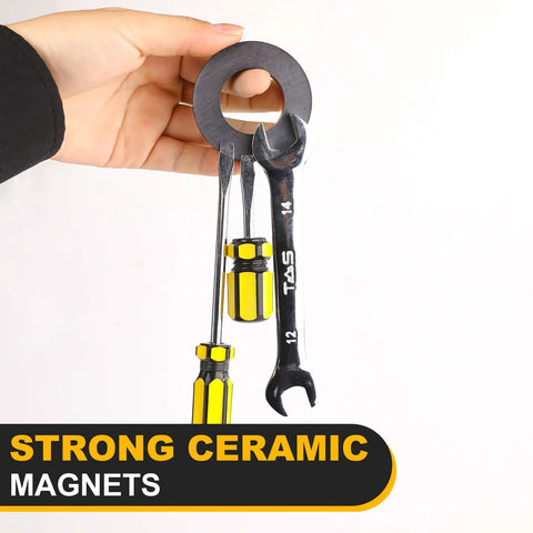 Ferrite ring magnet with hole; black ceramic magnet, outer diameter 2.36 in, inner diameter 1.26 in, 10 mm thick.