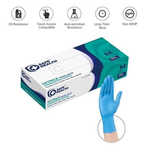 Box of blue nitrile exam gloves and a gloved hand, Blue Nitrile Exam Gloves 3.5 Mil Latex Free Powder Free Textured Fingertips Pro Grade Medical