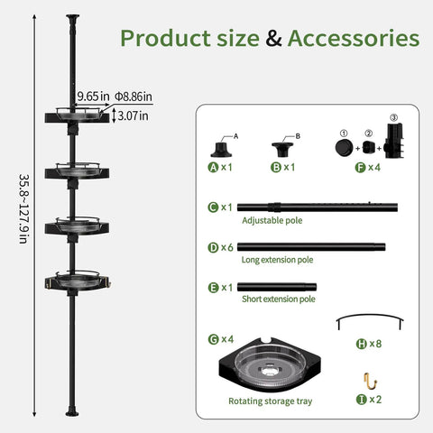 No Sweat Setup 360 Degree Rotating Shower Caddy Tension Pole With Four Tier Rustproof Corner Shelf Adjustable No Drill Bathroom Organizer Rack Size And Accessories Diagram