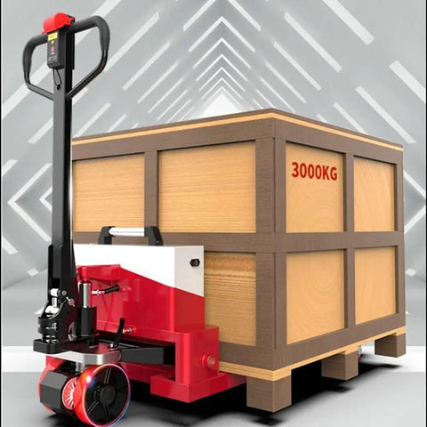 Heavy Duty Electric Pallet Jack With 6600 Lbs Capacity And Lithium Battery That Lets You Move Heavy Loads Easy Without Breaking Your Back, lifting a 3000kg wooden crate.