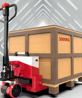 Huge 6600 Lb Electric Pallet Jack With Lithium Battery shown lifting wooden crate marked 3000KG, ideal for heavy-duty warehouse use.