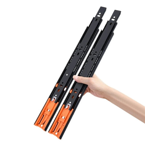 Hand holding full extension drawer slides 45mm soft close runners 3 fold side mount for easy tool free install with detachable quick release latches