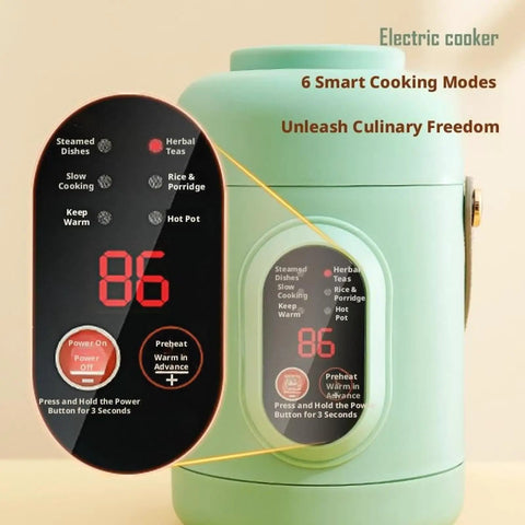 Compact 500W Mini Electric Pot With Portable Stainless Steel Ramen Cooker 6-In-1 Functions And 12-Hour Timer, showing digital display and settings