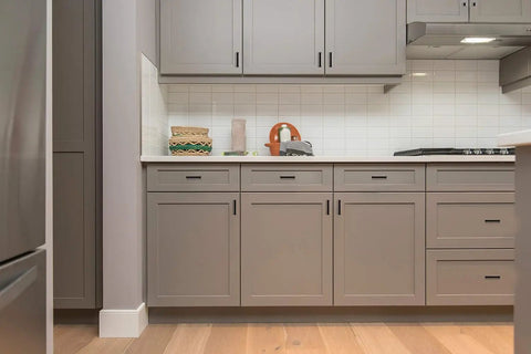 Modern kitchen with gray cabinets featuring 40 Pack Solid 3 Inch Square Cabinet Handles Matte Black Pulls For Kitchen Cabinets Flat Black Drawer Pulls Hardware Set Center To Center Spacing 3 Inches Easy Upgrade For Cabinets.