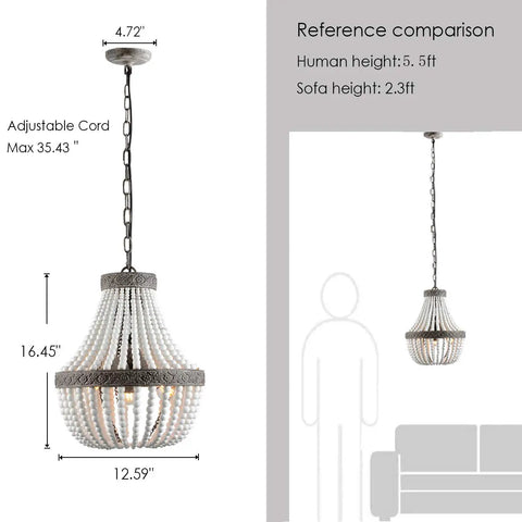 Three Light Boho Wood Beaded Chandelier With White Finish Pendant Light For Bedroom Kitchen Island And Girl Room Rustic Bohemian Style With Adjustable Rope Chain Easy To Install, shown with size reference next to human and sofa