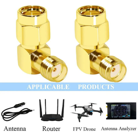 Gold plated right angle SMA male to female connector adapter pair for WiFi antenna, two way radio, FPV drone, 90 degree coax cable converter