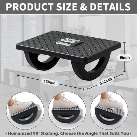 Under Desk Foot Rest For Office And Gaming Chairs Ergonomic Rocking Footstool With Roller Massager Feet Up Comfort Leg Rest For Chair Computer Desk 13 By 9.6 By 5 Inches All Day Comfort shown with dimensions and design details.