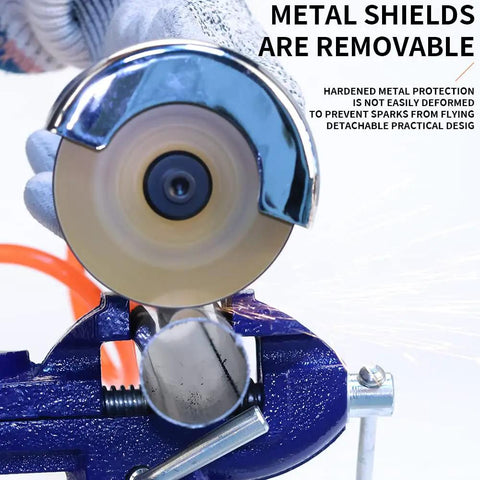 3 Inch Pneumatic Cut Off Tool with metal shields removing sparks, 5 Piece Cutting Disc Set, HSS Saw Blade visible