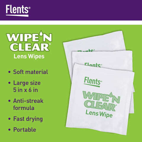 Image of three individually wrapped wipes with the text 'WIPE 'N CLEAR Lens Wipe.' Product details also highlight soft material and fast drying.