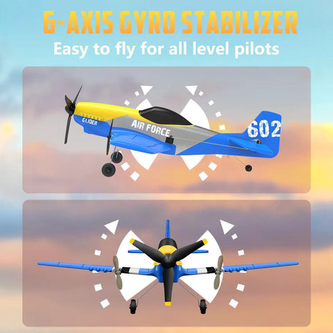 Side and front view of P-51D Mustang 3 Channel RC Plane With Ready To Fly Setup, 6-axis gyro stabilizer visible.