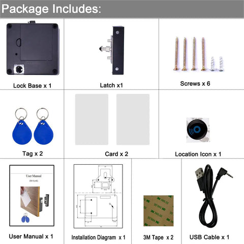 Contents of Hidden RFID Cabinet Lock Kit With USB Cable For Wooden Cabinets And Drawers Programmable Access One Key For Multiple Locks