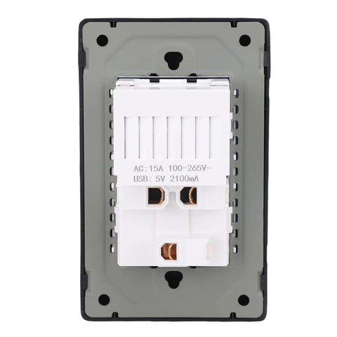 Smooth Operator US Standard Wall Outlet With USB C And USB A Fast Charging Sockets Delivers Fifteen Amp Electrical Power Via PC Flame Retardant Plate, front view.