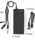 54.6V 2A Universal Ebike And Scooter Charger with Three Plugs for 48V Batteries, dimensions visible, DC plug details shown