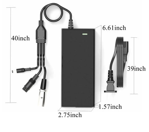 54.6V 2A Universal Ebike And Scooter Charger with Three Plugs for 48V Batteries, dimensions visible, DC plug details shown