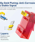 Cat5e And Cat6 RJ45 Pass Through Connectors With Strain Relief Boots 100 Pack No Fuss EZ Crimp Modular Plugs gold plating detail