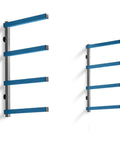 Wall-mounted four tier lumber rack, shop organizer for garage and basement, powder-coated steel, 110 lbs capacity per shelf.