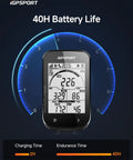 GPS Bike Computer With Wireless Connectivity And 2.6 Inch LCD Display, 40 Plus Riding Metrics, showing 40H battery life gauge.