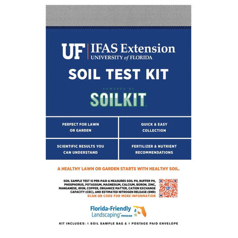 Florida Soil Test Kit Powered By SoilKit package displaying UF IFAS Extension branding and testing features for yard and garden.