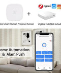 Dope Zigbee MmWave 5.8 GHz Presence Sensor With Motion Detection Radar Tech in smart home setup showing app interface